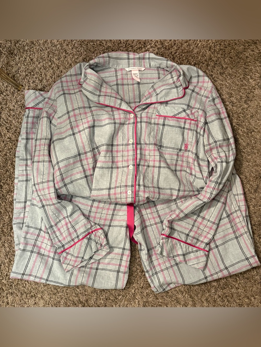 Victoria's Secret Gray & Pink Plaid Large Pajama Set